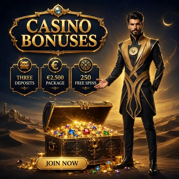 Der Emir präsentiert SpinSahara Casino Bonusschätze, die mit goldenen Münzen und Edelsteinen überfließen