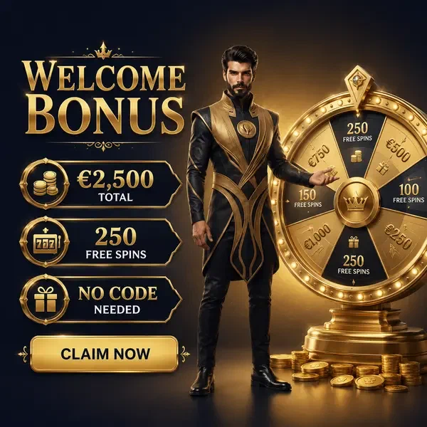 Emir gestikuliert in Richtung goldenem Glücksrad, während Spieler Willkommensbonus bei SpinSahara beansprucht