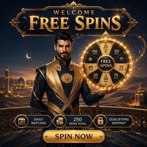 Emir präsentiert Freispiel-Rad auf der Wüstenpalast-Terrasse des SpinSahara Casino