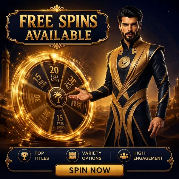 Wüstensouverän gestikuliert in Richtung drehendes Preisrad für Freispiele bei Berechtigte Slots für Ihre Freispiele