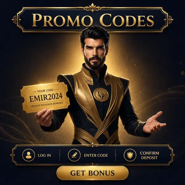 Emir präsentiert Promo-Code-Gutschein am goldenen SpinSahara-Eingang