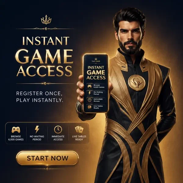 Der Emir präsentiert die SpinSahara Anmeldung auf leuchtendem Smartphone für sofortigen Spielzugriff