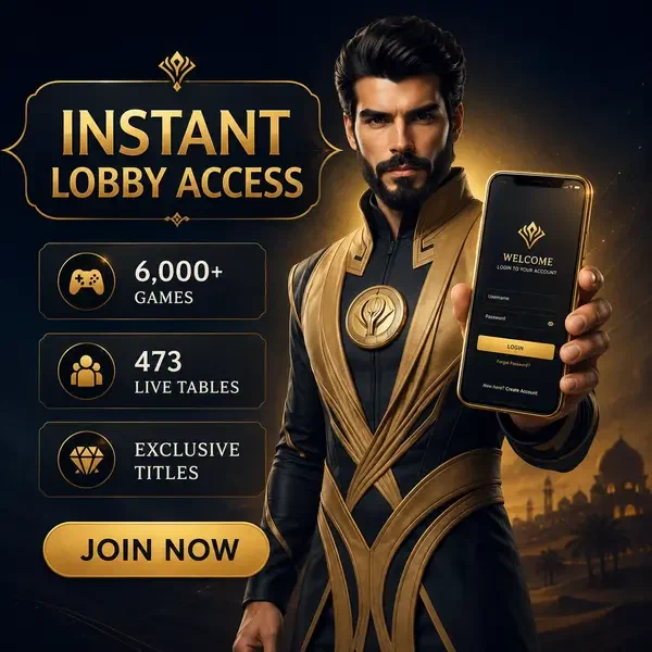 SpinSahara Login-Bildschirm leuchtet auf goldenem Smartphone für sofortigen Lobby-Zugang