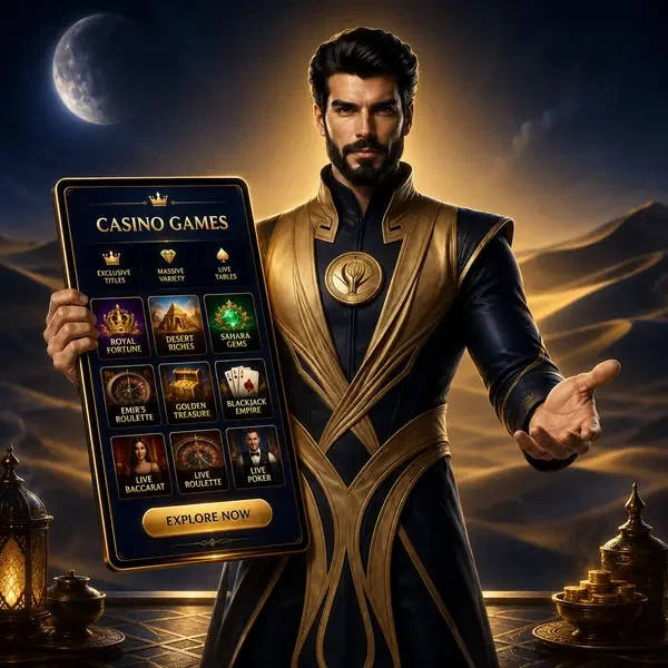 Emir präsentiert SpinSahara Casino Games Sammlung auf leuchtendem Tablet in mondbeleuchteter Wüste