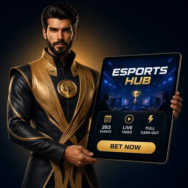 The Emir holding tablet displaying SpinSahara Sports Betting esports events with live odds